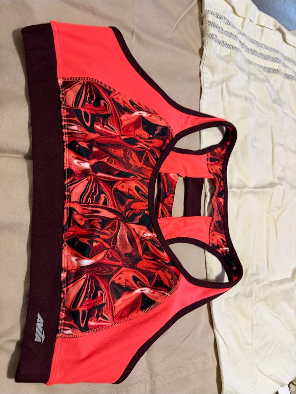Avia Coral Red & Black Patterned Sports Bra